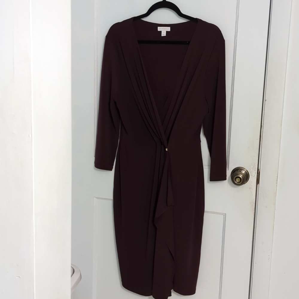 Charter Club Sz XL Plum Faux Wrap V Neck Dress with Gold Accent